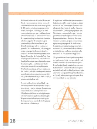 unidade 0728
As tendências atuais do ensino da arte no
Brasil, em consonância com as perspecti-
vas internacionais, vêm indicando a partir
de diferentes estudos e pesquisas, entre
outros princípios, a concepção de Arte
como conhecimento, que está baseado na
interculturalidade, na interdisciplinarida-
de e na aprendizagem dos conhecimentos
artísticos, a partir de uma abordagem
epistemológica do ensino da arte, que
defende a ideia que arte se ensina e se
aprende. No caso brasileiro, tal concepção,
no que tange particularmente às artes
visuais, é inicialmente divulgada na Abor-
dagem Triangular do Ensino da Arte. Essa
abordagem foi sistematiza pela professora
Ana Mae Barbosa e suas colaboradoras na
década de 1980, a partir das atividades
educativas desenvolvidas no Museu de
Arte Contemporânea, da Universidade de
São Paulo. A referida abordagem defende a
aprendizagem dos conhecimentos artísti-
cos a partir da inter-relação entre o fazer, o
ler e o contextualizar arte.
Neste sentido, a interculturalidade e as
interconexões entre as diferentes lingua-
gens da arte – teatro, música, dança e artes
visuais formam os pressupostos sócio-
-filosóficos e didático-metodológicos que
orientaram a concepção e sistematização
do quadro de direitos de aprendizagens
da área de arte no âmbito deste Programa
Nacional de Alfabetização.
Éimportantelembrarmosquesãoapresen-
tadasnestequadroasaprendizagensgerais
daáreadearte,comosugestãodeumcami-
nhopossívelpormeiodoqualseelaborem
oscurrículoseapráxispedagógicaemarte.
Noentanto,omesmoindicaqueépreciso
garantirasaprendizagensespecíficasdas
linguagensdadança,doteatro,dasartes
visuaisedamúsica,asquaispossuemsuas
epistemologiaspróprias,demodoacon-
templartambémaaprendizagemdaArtee
daculturadaÁfrica,dosafrodescendentes
edosindígenas,conformegarantidopelas
Leisdenº10.639/2003e11.645/2008.
No quadro abaixo estão expostas sugestões
acerca de como tratar a progressão de cada
direito durante o ciclo de alfabetização. A
letra I será utilizada para indicar que aque-
le direito deve ser introduzido na etapa es-
colar indicada; a letra A indicará que a ação
educativa deve garantir o aprofundamento;
e a letra C indica que a aprendizagem deve
ser consolidada no ano indicado.
 