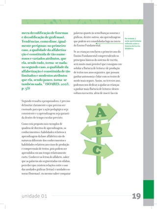 unidade 01 19
mera decodificação de fonemas
e decodificação de grafemas).
Tendências, como disse, igual-
mente perigosas: no primeiro
caso, a qualidade da alfabetiza-
ção é constituída de tão nume-
rosos e variados atributos, que
ela, sendo tudo, torna-se nada;
no segundo caso, a qualidade da
alfabetização é constituída de tão
limitados e modestos atributos
que ela, sendo pouco, torna-se
também nada.” (SOARES, 2003,
p. 53)
Segundo ressalta a pesquisadora, é preciso
delimitar claramente o que precisa ser
ensinado para que a ação pedagógica seja
consistente e a aprendizagem seja garanti-
da dentro do tempo escolar previsto.
Comoestápropostonosexemplosde
quadrosdedireitosdeaprendizagem,os
conhecimentosehabilidadesrelativosà
aprendizagemdabasealfabéticasãode
naturezadiferentedosconhecimentose
habilidadesrelativosaoseixosdeprodução
ecompreensãodetextos,poispodemser
aprendidosemumtemporelativamente
curto.Conhecerasletrasdoalfabeto,saber
queaspalavrassãosegmentadasemsílabas,
perceberqueexistemrelaçõesentreouso
dasunidadesgráficas(letras)eunidadesso-
noras(fonemas),oumesmosabercomparar
palavrasquantoàssemelhançassonorase
gráficas,dentreoutros,sãoaprendizagens
quepodemserconsolidadaslogonoinício
doEnsinoFundamental.
Seascriançasconcluemoprimeiroanodo
EnsinoFundamentalcompreendendoos
princípiosbásicosdosistemadeescrita,
serámuitomaisprovávelqueconsigamcon-
solidarafluênciadeleituraedeprodução
detextosnosanosseguintes,quepossam
ganharautonomiaelidarcomostextosde
modomaisseguro.Assim,noterceiroano,
podemosnosdedicaraajudarascrianças
aganharmaisfluênciadeleituraedesen-
volturanaescrita,alémdeinseri-lasem
Na unidade 3
serão aprofundadas
reflexões sobre o
Sistema de Escrita
Alfabética.
 