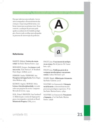 unidade 01 21
Para que tudo isso seja realizado, é neces-
sário acompanhar o desenvolvimento das
crianças e traçar um perfil da turma, con-
forme trataremos no próximo texto. Nesse
contexto, a avaliação do percurso pode
ajudar ao andamento do trabalho pedagó-
gico, favorecendo escolhas mais adequadas
ao processo de intervenção do professor.
PIAGET, Jean. Onascimentodainteligên-
cianacriança.Rio de Janeiro: Ed. Guana-
bara, 1987.
PIAGET, Jean. Problemasgeraisdain-
vestigaçãointerdisciplinaremecanismos
comuns. Lisboa: Bertrand, 1973.
SOARES,Magda.Alfabetizaçãoeletramento.
SãoPaulo:Contexto,2003.
VIGOTSKY, Lev Semenovich. Aformação
socialdamente:o desenvolvimento dos
processos psicológicos superiores. 3ª ed.
São Paulo: Martins Fontes, 1989a.
VIGOTSKY, Lev Semenovich. Pensamento
elinguagem.2ª ed. São Paulo: Martins
Fontes, 1989b.
Referências
BAKHTIN, Mikhail. Estéticadacriação
verbal. São Paulo: Martins Fontes, 1997.
BERNARDIN, Jacques. Ascriançaseacul-
turaescrita. Trad. Patrícia C. R. Reuillard.
Porto Alegre: ArtMed, 2003.
FERREIRO,Emilia;TEBEROSKY,Ana.
PsicogênesedaLínguaEscrita.PortoAlegre,
ArtesMédicas,1985.
KLEIMAN, Angela e MORAES, Sílvia.
Leitura e Interdisciplinaridade: tecendo
redes nos projetos da escola. Campinas:
Mercado de Letras, 1999.
LEAL, Telma F; BRANDÃO, Ana Carolina P.
A. Alfabetização e ensino de língua portu-
guesa: investigando o currículo no Brasil.
RelatóriodePesquisa:CNPq, 2012.
 