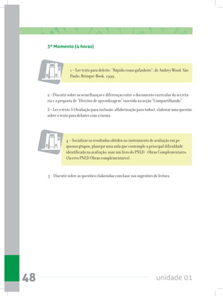unidade 0148
3º Momento (4 horas)
1 – Ler texto para deleite: “Rápido como gafanhoto”, de Audrey Wood. São
Paulo: Brinque-Book, 1999.
2 – Discutir sobre as semelhanças e diferenças entre o documento curricular da secreta-
ria e a proposta de “Direitos de aprendizagem” inserida na seção “Compartilhando”.
3 – Ler o texto 3 (Avaliação para inclusão: alfabetização para todos), elaborar uma questão
sobre o texto para debater com a turma.
4 – Socializar os resultados obtidos no instrumento de avaliação em pe-
quenos grupos; planejar uma aula que contemple a principal dificuldade
identificada na avaliação; usar um livro do PNLD - Obras Complementares.
(Acervo PNLD Obras complementares).
5 - Discutir sobre as questões elaboradas com base nas sugestões de leitura.
 