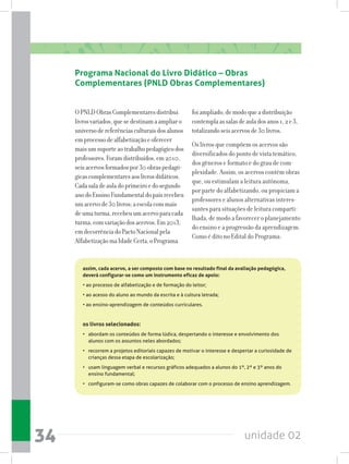 unidade 0234
Programa Nacional do Livro Didático – Obras
Complementares (PNLD Obras Complementares)
OPNLDObrasComplementaresdistribui
livrosvariados,quesedestinamaampliaro
universodereferênciasculturaisdosalunos
emprocessodealfabetizaçãoeoferecer
maisumsuporteaotrabalhopedagógicodos
professores.Foramdistribuídos,em2010,
seisacervosformadospor30obraspedagó-
gicascomplementaresaoslivrosdidáticos.
Cadasaladeauladoprimeiroedosegundo
anodoEnsinoFundamentaldopaísrecebeu
umacervode30livros;aescolacommais
deumaturma,recebeuumacervoparacada
turma,comvariaçãodosacervos.Em2013,
emdecorrênciadoPactoNacionalpela
AlfabetizaçãomaIdadeCerta,oPrograma
foiampliado,demodoqueadistribuição
contemplaassalasdeauladosanos1,2e3,
totalizandoseisacervosde30livros.
Os livros que compõem os acervos são
diversificados do ponto de vista temático,
dos gêneros e formato e do grau de com-
plexidade. Assim, os acervos contém obras
que, ou estimulam a leitura autônoma,
por parte do alfabetizando, ou propiciam a
professores e alunos alternativas interes-
santes para situações de leitura comparti-
lhada, de modo a favorecer o planejamento
do ensino e a progressão da aprendizagem.
Como é dito no Edital do Programa:
assim, cada acervo, a ser composto com base no resultado final da avaliação pedagógica,
deverá configurar-se como um instrumento eficaz de apoio:
• ao processo de alfabetização e de formação do leitor;
• ao acesso do aluno ao mundo da escrita e à cultura letrada;
• ao ensino-aprendizagem de conteúdos curriculares.
os livros selecionados:
• 	 abordam os conteúdos de forma lúdica, despertando o interesse e envolvimento dos
alunos com os assuntos neles abordados;
• 	 recorrem a projetos editoriais capazes de motivar o interesse e despertar a curiosidade de
crianças dessa etapa de escolarização;
• 	 usam linguagem verbal e recursos gráficos adequados a alunos do 1º, 2º e 3º anos do
ensino fundamental;
• 	 configuram-se como obras capazes de colaborar com o processo de ensino aprendizagem.
 