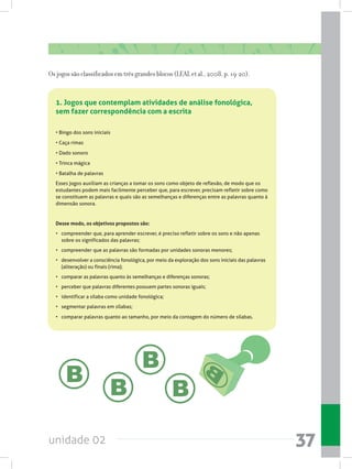 unidade 02 37
Os jogos são classificados em três grandes blocos (LEAL et al., 2008, p. 19-20).
1. Jogos que contemplam atividades de análise fonológica,
sem fazer correspondência com a escrita
• Bingo dos sons iniciais
• Caça rimas
• Dado sonoro
• Trinca mágica
• Batalha de palavras
Esses jogos auxiliam as crianças a tomar os sons como objeto de reflexão, de modo que os
estudantes podem mais facilmente perceber que, para escrever, precisam refletir sobre como
se constituem as palavras e quais são as semelhanças e diferenças entre as palavras quanto à
dimensão sonora.
Desse modo, os objetivos propostos são:
• 	 compreender que, para aprender escrever, é preciso refletir sobre os sons e não apenas
sobre os significados das palavras;
• 	 compreender que as palavras são formadas por unidades sonoras menores;
• 	 desenvolver a consciência fonológica, por meio da exploração dos sons iniciais das palavras
(aliteração) ou finais (rima);
• 	 comparar as palavras quanto às semelhanças e diferenças sonoras;
• 	 perceber que palavras diferentes possuem partes sonoras iguais;
• 	 identificar a sílaba como unidade fonológica;
• 	 segmentar palavras em sílabas;
• 	 comparar palavras quanto ao tamanho, por meio da contagem do número de sílabas.
 