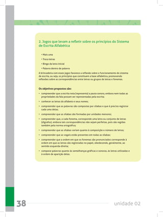 unidade 0238
2. Jogos que levam a refletir sobre os princípios do Sistema
de Escrita Alfabética
	 • Mais uma
	 • Troca letras
	 • Bingo da letra inicial
	 • Palavra dentro de palavra
A brincadeira com esses jogos favorece a reflexão sobre o funcionamento do sistema
de escrita, ou seja, os princípios que constituem a base alfabética, promovendo
reflexões sobre as correspondências entre letras ou grupos de letras e fonemas.
Os objetivos propostos são:
• 	 compreender que a escrita nota (representa) a pauta sonora, embora nem todas as
propriedades da fala possam ser representadas pela escrita;
• 	 conhecer as letras do alfabeto e seus nomes;
• 	 compreender que as palavras são compostas por sílabas e que é preciso registrar
cada uma delas;
• 	 compreender que as sílabas são formadas por unidades menores;
• 	 compreender que, a cada fonema, corresponde uma letra ou conjunto de letras
(dígrafos), embora tais correspondências não sejam perfeitas, pois são regidas
também pela norma ortográfica;
• 	 compreender que as sílabas variam quanto à composição e número de letras;
• 	 compreender que as vogais estão presentes em todas as sílabas;
• 	 compreender que a ordem em que os fonemas são pronunciados corresponde à
ordem em que as letras são registradas no papel, obedecendo, geralmente, ao
sentido esquerda-direita;
• 	 comparar palavras quanto às semelhanças gráficas e sonoras, às letras utilizadas e
à ordem de aparição delas.  
 