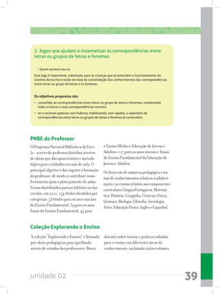 unidade 02 39
3. Jogos que ajudam a sistematizar as correspondências entre
letras ou grupos de letras e fonemas
	 • Quem escreve sou eu
Este jogo é importante, sobretudo, para as crianças que já entendem o funcionamento do
sistema de escrita e estão em fase de consolidação dos conhecimentos das correspondências
entre letras ou grupo de letras e os fonemas.
Os objetivos propostos são:
• 	 consolidar as correspondências entre letras ou grupo de letras e fonemas, conhecendo
todas as letras e suas correspondências sonoras;
• 	 ler e escrever palavras com fluência, mobilizando, com rapidez, o repertório de
correspondências entre letras ou grupos de letras e fonemas já construídos.
PNBE do Professor
O Programa Nacional Biblioteca da Esco-
la – acervo do professor distribui acervos
de obras que dão apoio teórico e metodo-
lógico para o trabalho em sala de aula. O
principal objetivo é dar suporte à formação
do professor, de modo a contribuir como
ferramenta para o planejamento de aulas.
Foram distribuídos para as bibliotecas das
escolas, em 2011, 154 títulos divididos por
categorias: 53 títulos para os anos iniciais
do Ensino Fundamental; 39 para os anos
finais do Ensino Fundamental; 45 para
o Ensino Médio e Educação de Jovens e
Adultos; e 17 para os anos iniciais e finais
do Ensino Fundamental da Educação de
Jovens e Adultos.
Oslivrossãodenaturezapedagógicaetra-
tamdeconhecimentosrelativosàalfabeti-
zaçãoeaoensinorelativoaoscomponentes
curricularesLínguaPortuguesa,Matemá-
tica,História,Geografia,Ciências,Física,
Química,Biologia,Filosofia,Sociologia,
Artes,EducaçãoFísica,InglêseEspanhol.
Coleção Explorando o Ensino
A coleção “Explorando o Ensino” é formada
por obras pedagógicas para aprofunda-
mento de estudos dos professores. Busca
discutir sobre teorias e práticas voltadas
para o ensino em diferentes áreas de
conhecimento, incluindo vários volumes
 