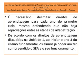 A CONSOLIDAÇÃO DAS CORRESPONDÊNCIAS LETRA-SOM NO ÚLTIMO ANO DO CICLO
                                DE ALFABETIZAÇÃO
  Ana Catarina dos Santos Pereira Cabral/Ana Cláudia Rodrigues Gonçalves Pessoa


• É     necessário   delimitar     direitos   de
  aprendizagem para cada ano do primeiro
  ciclo, mesmo defendendo que não haja
  reprovações entre as etapas de alfabetização.
• De acordo com os direitos de aprendizagem
  discutidos na Unidade 1, ao iniciar o ano 3 do
  ensino fundamental, os alunos já poderiam ter
  compreendido o SEA e o seu funcionamento.
 