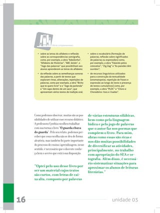 unidade 0316
•   sobre as letras do alfabeto e reflexão
sobre as correspondências som/grafia,
como, por exemplo, a obra “Adedonha”,
“Alfabeto de Histórias”, “ABC doido”, o
“Jogo das palavras” que possibilitam aos
alunos aprenderem as letras do alfabeto;
•   da reflexão sobre as semelhanças sonoras
das palavras, a partir de textos que
exploram rimas, aliterações, repetições de
palavras, como por exemplo, a obra “Bicho
que te quero livre” e o “Jogo da parlenda”
e “Um sapo dentro de um saco”, que
apresentam vários textos de tradição oral;
•   sobre o vocabulário (formação de
palavras, reflexão sobre significados
de palavras ou expressões) como,
por exemplo, a obra “Falando pelos
cotovelos”, “Zig Zag” e “As paredes têm
ouvidos”;  
•   de recursos linguísticos utilizados
para a construção da textualidade
(onomatopeias, repetição de frases e
expressão ao longo do texto e presença
de textos cumulativos) como, por
exemplo, a obra “PLOC” e “Choro e
Choradeira: risos e risadas”.
Obras complementares
Comopodemosobservar,muitassãoaspos-
sibilidadesdeutilizaresserecursodidático.
AprofessoraCynthiaescolheutrabalhar
comsuaturmaolivro“O guarda chuva
do guarda”.Peloseurelato,podemosper-
ceberqueessaescolhanãosedeudeforma
aleatória,mastambémfoiparteimportante
doprocessodeensino/aprendizagem;nesse
sentido,énecessárioqueodocenteconhe-
çabemoacervoqueestáàsuadisposição.
“Optei pelo uso desse livro por
ser um material cujos textos
são curtos, com letras de cai-
xa alta, composto por palavras
de várias estruturas silábicas,
bem como pela linguagem
lúdica e pelo jogo de palavras
que o autor faz nos poemas que
compõem o livro. Para mim,
obras como essas são ricas e
nos dão muitas possibilidades
de diversificar as atividades,
principalmente, no trabalho
com apropriação do SEA e or-
tografia. Além disso, é necessá-
rio sistematizar situações para
aproximar os alunos de leituras
literárias.”
 