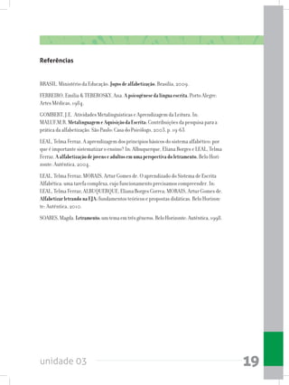 unidade 03 19
Referências
BRASIL. Ministério da Educação. Jogosdealfabetização. Brasília, 2009.
FERREIRO, Emília  TEBEROSKY, Ana. Apsicogênesedalínguaescrita.Porto Alegre:
Artes Médicas, 1984.
GOMBERT, J.E. Atividades Metalinguísticas e Aprendizagem da Leitura. In:
MALUF,M.R. MetalinguagemeAquisiçãodaEscrita: Contribuições da pesquisa para a
prática da alfabetização. São Paulo: Casa do Psicólogo, 2003. p. 19-63.
LEAL, Telma Ferraz. A aprendizagem dos princípios básicos do sistema alfabético: por
que é importante sistematizar o ensino? In: Albuquerque, Eliana Borges e LEAL, Telma
Ferraz. Aalfabetizaçãodejovenseadultosemumaperspectivadoletramento. Belo Hori-
zonte: Autêntica, 2004.
LEAL, Telma Ferraz; MORAIS, Artur Gomes de. O aprendizado do Sistema de Escrita
Alfabética: uma tarefa complexa, cujo funcionamento precisamos compreender. In:
LEAL, Telma Ferraz; ALBUQUERQUE, Eliana Borges Correa; MORAIS, Artur Gomes de.
AlfabetizarletrandonaEJA: fundamentos teóricos e propostas didáticas. Belo Horizon-
te: Autêntica, 2010.
SOARES,Magda. Letramento:umtemaemtrêsgêneros.BeloHorizonte:Autêntica,1998.
 