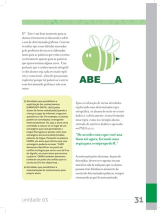 unidade 03 31
3)	Atividades que possibilitem a
explicitação dos conhecimentos
(KARMILOFF-SMITH, 1992) pelos
alunos de forma verbalizada (quando a
criança é capaz de informar a regra em
questão) ou não. Por exemplo, os alunos
podem ser convidados a transgredir
intencionalmente. Ou seja, o aluno seria
convidado a colocar-se no lugar de um
estrangeiro que está aprendendo a
Língua Portuguesa e pensar como esse
estrangeiro escreveria determinadas
palavras da língua. Pensando na palavra
CARRO, um aluno que informa que esse
estrangeiro poderia escrever *CARO
demonstra identificar um ponto de
conflito na língua que seria o uso do R ou
do dígrafo; um outro aluno que escreva
a palavra *CARRU também demonstra
conhecer um ponto de conflito que é a
escrita do O/U em sílaba final. ;
4)	Atividades que possibilitem a
sistematização do conhecimento pelo
próprio aluno.
Após a realização de várias atividades
explorando uma determinada regra
ortográfica, os alunos deverão ser convi-
dados a, coletivamente, tentar formular
uma regra, como no exemplo abaixo,
retirado de um livro didático aprovado
no PNLD 2010:
“De acordo com o que você ana-
lisou até agora, formule uma
regra para o emprego do R.”
As sistematizações da turma, depois de
discutidas, devem ser expostas em um
mural na sala de aula para que os alunos
possam tirar dúvidas no momento da
escrita de determinadas palavras, sempre
retornando ao que foi sistematizado.
R?”. Este é um bom momento para os
alunos retornarem as discussões sobre
o uso de determinado grafema. Convém
ressaltar que essas dúvidas semeadas
pelo professor devem ser elaboradas
tanto para as palavras que estão escritas
corretamente quanto para as palavras
que apresentaram alguns erros. É im-
portante que o conhecimento ortográfi-
co dos alunos seja cada vez mais explí-
cito e consciente, a fim de que possam
explicitar porque tal palavra se escreve
com determinado grafema e não com
outro.
 