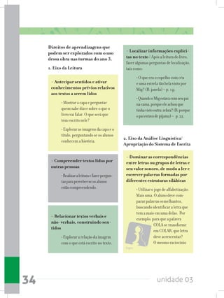 unidade 0334
Direitos de aprendizagens que
podem ser explorados com o uso
dessa obra nas turmas do ano 3.
1. Eixo da Leitura
- Localizar informações explíci-
tas no texto | Após a leitura do livro,
fazer algumas perguntas de localização,
tais como:
• O que era o espelho com céu
e uma estrela tão bela visto por
Mig? (R: janela) – p. 14;
•QuandooMigestavacomseupai
nacama,porqueeleachouque
tinhavistooutra zebra?(R:porque
opaiestavadepijama)– p.22.
- Antecipar sentidos e ativar
conhecimentos prévios relativos
aos textos a serem lidos
• Mostrar a capa e perguntar
quem sabe dizer sobre o que o
livro vai falar. O que será que
tem escrito nele?
• Explorar as imagens da capa e o
título, perguntando se os alunos
conhecem a história.
- Compreender textos lidos por
outras pessoas
•Realizaraleituraefazerpergun-
tasparaperceberseosalunos
estãocompreendendo.
- Relacionar textos verbais e
não-verbais, construindo sen-
tidos
• Explorar a relação da imagem
com o que está escrito no texto.
2. Eixo da Análise Linguística/
Apropriação do Sistema de Escrita
- Dominar as correspondências
entre letras ou grupos de letras e
seu valor sonoro, de modo a ler e
escrever palavras formadas por
diferentes estruturas silábicas
• Utilizar o jogo de alfabetização:
Mais uma. O aluno deve com-
parar palavras semelhantes,
buscando identificar a letra que
tem a mais em uma delas. Por
exemplo: para que a palavra
COLA se transforme
em COLAR, que letra
deve acrescentar?
O mesmo raciocínio
Jogos
 