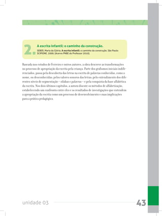 unidade 03 43
2.
Baseada nos estudos de Ferreiro e outros autores, a obra descreve as transformações
no processo de apropriação da escrita pela criança. Parte dos grafismos iniciais indife-
renciados, passa pela descoberta das letras na escrita de palavras conhecidas, como o
nome, ou desconhecidas; pelos valores sonoros das letras; pelo entendimento dos dife-
rentes níveis de segmentação – sílabas e palavras – e pela conquista da base alfabética
da escrita. Nos dois últimos capítulos, a autora discute os métodos de alfabetização,
estabelecendo um confronto entre eles e os resultados de investigações que entendem
a apropriação da escrita como um processo de desenvolvimento e suas implicações
para a prática pedagógica.
A escrita infantil: o caminho da construção.
SEBER, Maria da Glória. A escrita infantil: o caminho da construção. São Paulo:
SCIPIONE. 2009. (Acervo PNBE do Professor 2010).
 
