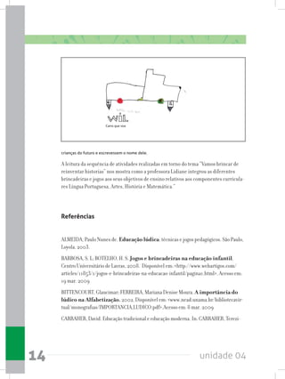 unidade 0414
crianças do futuro e escrevessem o nome dele.
A leitura da sequência de atividades realizadas em torno do tema “Vamos brincar de
reinventar historias” nos mostra como a professora Lidiane integrou as diferentes
brincadeiras e jogos aos seus objetivos de ensino relativos aos componentes curricula-
res Língua Portuguesa, Artes, História e Matemática.”
Referências
ALMEIDA, Paulo Nunes de. Educação lúdica: técnicas e jogos pedagógicos. São Paulo,
Loyola, 2003.
BARBOSA, S. L; BOTELHO, H. S. Jogos e brincadeiras na educação infantil.
Centro Universitário de Lavras, 2008. Disponível em: http://www.webartigos.com/
articles/11853/1/jogos-e-brincadeiras-na-educacao-infantil/pagina1.html. Acesso em:
19 mar. 2009
BITTENCOURT, Glaucimar; FERREIRA, Mariana Denise Moura. A importância do
lúdico na Alfabetização. 2002. Disponível em: www.nead.unama.br/bibliotecavir-
tual/monografias/IMPORTANCIA_LUDICO.pdf.Acesso em: 8 mar. 2009
CARRAHER, David. Educação tradicional e educação moderna. In: CARRAHER, Terezi-
Carro que voa
 