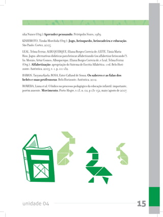 unidade 04 15
nha Nunes (Org.) Aprender pensando. Petrópolis:Vozes, 1989.
KISHIMOTO, Tizuko Morchida (Org.). Jogo, brinquedo, brincadeira e educação.
São Paulo: Cortez, 2005.
LEAL, Telma Ferraz; ALBUQUERQUE, Eliana Borges Correia de; LEITE, Tânia Maria
Rios. Jogos: alternativas didáticas para brincar alfabetizando (ou alfabetizar brincando?).
In: Morais; Artur Gomes; Albuquerque, Eliana Borges Correia de; e Leal, Telma Ferraz
(Org.). Alfabetização: apropriação do Sistema de Escrita Alfabética. 1 ed. Belo Hori-
zonte: Autêntica, 2005, v. 1, p. 111-132.
RAMOS, Tacyana Karla; ROSA, Ester Calland de Sousa. Os saberes e as falas dos
bebês e suas professoras. Belo Horizonte: Autêntica, 2012.
ROMERA, Liana et al. O lúdico no processo pedagógico da educação infantil: importante,
porém ausente. Movimento, Porto Alegre, v.13, n. 02, p.131-152, maio/agosto de 2007.
 