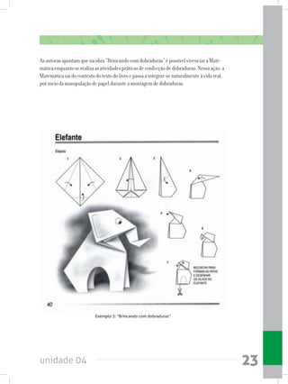 unidade 04 23
Asautorasapontamquenaobra“Brincandocomdobraduras”épossívelvivenciaraMate-
máticaenquantoserealizaasatividadespráticasdeconfecçãodedobraduras.Nessaação,a
Matemáticasaidocontextodotextodolivroepassaaintegrar-senaturalmenteàvidareal,
pormeiodamanipulaçãodepapelduranteamontagemdedobraduras.
Exemplo 3: “Brincando com dobraduras”
 