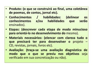• Produto: (o que se construirá ao final, uma coletânea
de poemas, de contos, jornal etc).
• Conhecimentos / habilidades: (delinear os
conhecimentos e/ou habilidades que serão
ensinados).
• Etapas: (descrever cada etapa de modo minucioso
para orientá-lo no desenvolvimento do mesmo).
• Materiais necessários: (elencar com clareza tudo o
que precisará ter para desenvolver o projeto –
CD, revistas, jornais, livros etc).
• Avaliação: (traça-se uma avaliação diagnóstica de
modo que o que se previu nos objetivos seja
verificado em sua concretização ou não).

 