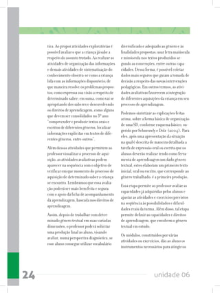 unidade 0624
tica. Ao propor atividades exploratórias é
possível avaliar o que a criança já sabe a
respeito do assunto tratado. Ao realizar as
atividades de organização das informações
e demais atividades de sistematização do
conhecimento observa-se como a criança
lida com as informações disponíveis; de
que maneira resolve os problemas propos-
tos; como expressa sua visão a respeito de
determinado saber; em suma, como vai se
apropriando dos saberes e desenvolvendo
os direitos de aprendizagem, como alguns
que devem ser consolidados no 3º ano:
“compreender e produzir textos orais e
escritos de diferentes gêneros, localizar
informações explícitas em textos de dife-
rentes gêneros, entre outros”.
Além dessas atividades que permitem ao
professor visualizar o processo de aqui-
sição, as atividades avaliativas podem
aparecer na sequência com o objetivo de
verificar em que momento do processo de
aquisição de determinado saber a criança
se encontra. Lembramos que essa avalia-
ção poderá ser mais bem feita e segura
com o apoio da ficha de acompanhamento
da aprendizagem, baseada nos direitos de
aprendizagem.
Assim, depois de trabalhar com deter-
minado gênero textual em suas variadas
dimensões, o professor poderá solicitar
uma produção final ao aluno, visando
avaliar, numa perspectiva diagnóstica, se
esse aluno consegue utilizar vocabulário
diversificado e adequado ao gênero e às
finalidades propostas; usar letra maiúscula
e minúscula nos textos produzidos se-
gundo as convenções, entre outras capa-
cidades. Dessa forma, é possível coletar
dados mais seguros que guiam a tomada de
decisão a respeito das novas intervenções
pedagógicas. Em outros termos, as ativi-
dades avaliativas favorecem a integração
de diferentes aquisições da criança em seu
processo de aprendizagem.
Podemos sintetizar as explicações feitas
acima, sobre a forma básica de organização
de uma SD, conforme esquema básico, su-
gerido por Schneuwly e Dolz (2004). Para
eles, após uma apresentação da situação
na qual é descrita de maneira detalhada a
tarefa de expressão oral ou escrita que os
alunos deverão realizar tendo como ferra-
menta de aprendizagem um dado gênero
textual, estes elaboram um primeiro texto
inicial, oral ou escrito, que corresponde ao
gênero trabalhado; é a primeira produção.
Essa etapa permite ao professor avaliar as
capacidades já adquiridas pelos alunos e
ajustar as atividades e exercícios previstos
na seqüência às possibilidades e dificul-
dades reais da turma. Além disso, tal etapa
permite definir as capacidades e direitos
de aprendizagem, que envolvem o gênero
textual em estudo.
Os módulos, constituídos por várias
atividades ou exercícios, dão ao aluno os
instrumentos necessários para atingir os
 