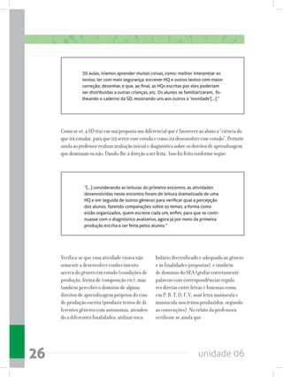 unidade 0626
30 aulas, iríamos aprender muitas coisas, como: melhor interpretar os
textos; ler com mais segurança; escrever HQ e outros textos com maior
correção; desenhar, e que, ao final, as HQs escritas por eles poderiam
ser distribuídas a outras crianças, etc. Os alunos se familiarizaram,  fo-
lheando o caderno da SD, mostrando uns aos outros a ‘novidade’[...].”
Comosevê,aSDtrazemsuapropostaumdiferencialqueéfavoreceraoalunoa“ciênciado
queiráestudar,paraqueiráserviresseestudoecomoirádesenvolveresseestudo”.Permite
aindaaoprofessorrealizaravaliaçãoinicialediagnósticasobreosdireitosdeaprendizagem
quedominamounão.Dando-lheadireçãoaserfeita. Issofoifeitoconformesegue:
“[...] considerando as leituras do primeiro encontro, as atividades  
desenvolvidas neste encontro foram de leitura dramatizada de uma
HQ e em seguida de outros gêneros para verificar qual a percepção
dos alunos, fazendo comparações sobre os temas, a forma como
estão organizados, quem escreve cada um, enfim, para que se conti-
nuasse com o diagnóstico avaliativo, agora já por meio da primeira
produção escrita a ser feita pelos alunos.”
Verifica-se que essa atividade visava não
somente a desenvolver conhecimento
acerca do gênero em estudo (condições de
produção, forma de composição etc), mas
também perceber o domínio de alguns
direitos de aprendizagem próprios do eixo
de produção escrita (produzir textos de di-
ferentes gêneros com autonomia, atenden-
do a diferentes finalidades; utilizar voca-
bulário diversificado e adequado ao gênero
e às finalidades propostas), e também
de domínio do SEA (grafar corretamente
palavras com correspondências regula-
res diretas entre letras e fonemas como
em P, B, T, D, F, V; usar letra maiúscula e
minúscula nos textos produzidos, segundo
as convenções). No relato da professora
verificou-se ainda que
 