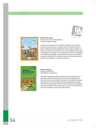unidade 0634
Passeio pelo campo
Autor (a): Juan Carlos Porta Repetto
Ilustração: Miguel Casalás
A obra narra a história de uma menina, Valentina, que vai passar
as férias na casa dos avós no campo. A partir da leitura do livro, o
leitor vai descobrir algumas diferenças entre a vida na cidade e no
campo. Ao incentivar a convivência com a diversidade sociocultural
e a valorização da relação com o ambiente, por meio da comparação
entre diferentes paisagens, modos de vida e de consumo e hábitos
culturais, a obra favorece o desenvolvimento da ética necessária ao
exercício da cidadania e o respeito à natureza.
Rimas da floresta
Autor (a): José Santos
Ilustrador (a): Laurabeatriz
Com belas ilustrações, poesias e pequenos textos informativos,a
obra Rimas da floresta: poesia para os animais ameaçados pelo
homem nos dá a oportunidade de conhecer onze espécies da fauna
brasileira, dentre as quais algumas estão ameaçadas de extinção.
Você sabe quais são esses animais? Como eles são? Para podermos
lutar pela sua sobrevivência, precisamos antes de tudo conhecê-los.
São cinco mamíferos, quatro aves e dois répteis.
Obras
complementares
 