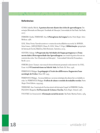 unidade 0718
Referências:
CUNHA,Isabella.Bilecki.Aposturadocentediantedosciclosdeaprendizagem.Dis-
sertação(MestradoemEducação).FaculdadedeEducação,UniversidadedeSãoPaulo.SãoPaulo,
2007.
FERREIRO,Emília;TEBEROSKY,Ana.APsicogênesedaLínguaEscrita.PortoAlegre:Artes
Médicas,1986.
LEAL,Telma Ferraz.Fazendoacontecer:oensinodaescritaalfabéticanaescola.In:MORAIS,
ArturGomes.;ALBUQUERQUE,Eliana.B.;LEAL,Telma.F.(Orgs.)Alfabetização:apropriação
doSistemadeEscritaAlfabética.BeloHorizonte:Autentica,2005.
OLIVEIRA,Solange.AProgressãodasAtividadesdelínguaportuguesaeoTrata-
mentodadoàHeterogeneidadedasAprendizagens:umestudodapráticadocenteno
contextodosciclos.Tese(DoutoradoemEducação), -UniversidadeFederaldePernambuco,.
Recife,2010.
ONRUBIA,Javier.Ensinar:criarzonasdedesenvolvimentoproximalenelasintervir.In:COLL,
Cesar.etal.OConstrutivismonaSaladeAula.SãoPaulo:Ed.Ática,1996.
PERRENOUD,Philippe.Lapédagogieàl’écoledesdifférences:fragmentsd’une
sociologiedel’échec.Paris:ESF,1995.
PERRENOUD,Philippe..Asnovasdidáticaseasnovasestratégiasdosalunosfaceaotrabalhoes-
colar.In:PERRENOUD,Philippe.Oofíciodealunoesentidodotrabalhoescolar.Porto
Alegre:PortoEditora,19941995.
TEBEROSKY,Ana.ConstruçãodeEscritasatravésdaInteraçãoGrupal.InFERREIRO,Emilia;
PALACIOS,Margarita.OsProcessosdeLeituraeEscrita.PortoAlegre:Artmed,1987.
VYGOTSKY,LevSemenovich.Aformaçãosocialdamente.SãoPaulo:MartinsFontes,1984.
 