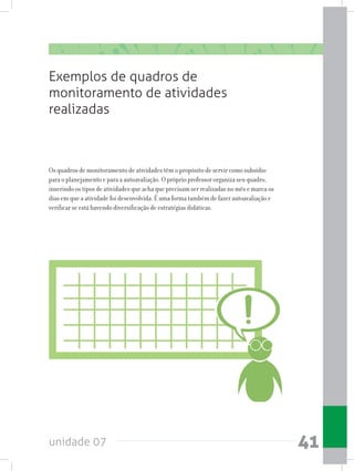 unidade 07 41
Exemplos de quadros de
monitoramento de atividades
realizadas
Os quadros de monitoramento de atividades têm o propósito de servir como subsídio
para o planejamento e para a autoavaliação. O próprio professor organiza seu quadro,
inserindo os tipos de atividades que acha que precisam ser realizadas no mês e marca os
dias em que a atividade foi desenvolvida. É uma forma também de fazer autoavaliação e
verificar se está havendo diversificação de estratégias didáticas.
 