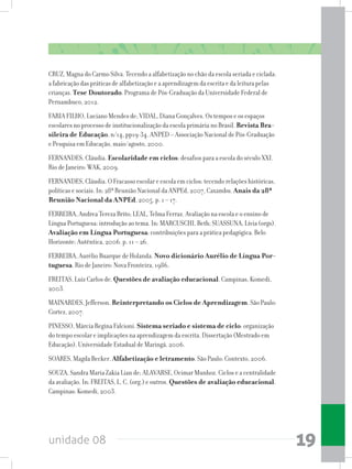 unidade 08 19
CRUZ, Magna do Carmo Silva. Tecendo a alfabetização no chão da escola seriada e ciclada:
a fabricação das práticas de alfabetização e a aprendizagem da escrita e da leitura pelas
crianças. Tese Doutorado. Programa de Pós-Graduação da Universidade Federal de
Pernambuco, 2012.
FARIA FILHO, Luciano Mendes de; VIDAL, Diana Gonçalves. Os tempos e os espaços
escolares no processo de institucionalização da escola primária no Brasil. Revista Bra-
sileira de Educação, n/14, pp19-34. ANPED – Associação Nacional de Pós-Graduação
e Pesquisa em Educação, maio/agosto, 2000.
FERNANDES, Cláudia. Escolaridade em ciclos: desafios para a escola do século XXI.
Rio de Janeiro: WAK, 2009.
FERNANDES, Cláudia. O Fracasso escolar e escola em ciclos: tecendo relações históricas,
políticas e sociais. In: 28ª Reunião Nacional da ANPEd, 2007, Caxambu. Anais da 28ª
Reunião Nacional da ANPEd, 2005. p. 1 – 17.
FERREIRA, Andrea Tereza Brito; LEAL, Telma Ferraz. Avaliação na escola e o ensino de
Língua Portuguesa: introdução ao tema. In: MARCUSCHI, Beth; SUASSUNA, Lívia (orgs).
Avaliação em Língua Portuguesa: contribuições para a prática pedagógica. Belo
Horizonte: Autêntica, 2006. p. 11 – 26.
FERREIRA, Aurélio Buarque de Holanda. Novo dicionário Aurélio de Língua Por-
tuguesa. Rio de Janeiro: Nova Fronteira, 1986.
FREITAS, Luiz Carlos de. Questões de avaliação educacional. Campinas, Komedi,
2003.
MAINARDES, Jefferson. Reinterpretando os Ciclos de Aprendizagem. São Paulo:
Cortez, 2007.
PINESSO, Márcia Regina Falcioni. Sistema seriado e sistema de ciclo: organização
do tempo escolar e implicações na aprendizagem da escrita. Dissertação (Mestrado em
Educação). Universidade Estadual de Maringá, 2006.
SOARES, Magda Becker. Alfabetização e letramento. São Paulo: Contexto, 2006.
SOUZA, Sandra Maria Zakia Lian de; ALAVARSE, Ocimar Munhoz. Ciclos e a centralidade
da avaliação. In: FREITAS, L. C. (org.) e outros. Questões de avaliação educacional.
Campinas: Komedi, 2003.
 