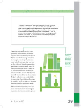 unidade 08 29
Na análise do depoimento da referida
professora, identificamos que um dos
objetivos dessa atividade é pensar novas
formas de avaliação, ou seja: abrir mão
da avaliação como barganha; dominar a
observação formativa; aceitar os desem-
penhos coletivos; desistir de padronizar
a avaliação; criar situações de avaliação;
favorecer a avaliação mútua; considerar
os conhecimentos como recursos a se-
rem mobilizados; criar ou utilizar outros
meios de ensino; adotar um planejamento
flexível e indicativo com possibilidades
de improvisar. Outro objetivo desse tipo
de registro é verificar como e se é feito um
atendimento diferenciado às crianças.
É fundamental compreender que cada
aluno tem uma maneira diferente para
superar os diferentes obstáculos apresen-
No caderno da
unidade 7, a
importância do
atendimento
diversificado
e a variedade
de atividades
no ciclo de
alfabetização
são tratadas.
“Considero o mapeamento como uma ferramenta eficaz no registro de
desempenho das minhas turmas. Por meio dele, sistematizo dados que
serão alicerces para próximos planejamentos, além de propor uma reflexão
sobre minha prática pedagógica. O mapeamento ilustra até que ponto
os meios para o alcance dos objetivos estão surtindo efeito e quais os
direcionamentos para as melhorias. Vejo como uma forma organizada de
conhecer as, ou muitas das, necessidades da turma e em que aspectos
apresentam avanços significativos.”
 