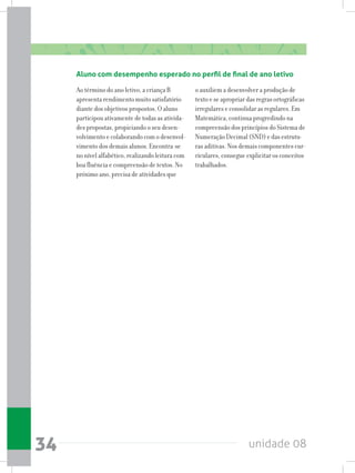 unidade 0834
Aluno com desempenho esperado no perfil de final de ano letivo
Ao término do ano letivo, a criança B
apresenta rendimento muito satisfatório
diante dos objetivos propostos. O aluno
participou ativamente de todas as ativida-
des propostas, propiciando o seu desen-
volvimento e colaborando com o desenvol-
vimento dos demais alunos. Encontra-se
no nível alfabético, realizando leitura com
boa fluência e compreensão de textos. No
próximo ano, precisa de atividades que
o auxiliem a desenvolver a produção de
texto e se apropriar das regras ortográficas
irregulares e consolidar as regulares. Em
Matemática, continua progredindo na
compreensão dos princípios do Sistema de
Numeração Decimal (SND) e das estrutu-
ras aditivas. Nos demais componentes cur-
riculares, consegue explicitar os conceitos
trabalhados.
 