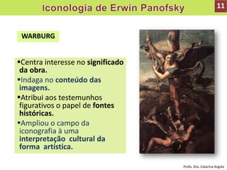 Centra interesse no significado
da obra.
Indaga no conteúdo das
imagens.
Atribui aos testemunhos
figurativos o papel de fontes
históricas.
Ampliou o campo da
iconografia à uma
interpretação cultural da
forma artística.
WARBURG
11
Profa. Dra. Catarina Argolo
 