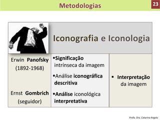Erwin Panofsky
(1892-1968)
Ernst Gombrich
(seguidor)
Significação
intrínseca da imagem
Análise iconográfica
descritiva
Análise iconológica
interpretativa
 Interpretação
da imagem
23
Profa. Dra. Catarina Argolo
 