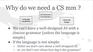 ● We can’t have a well-designed AS with a
concise grammar (unless the language is
simple)
● If the language is not simple:...