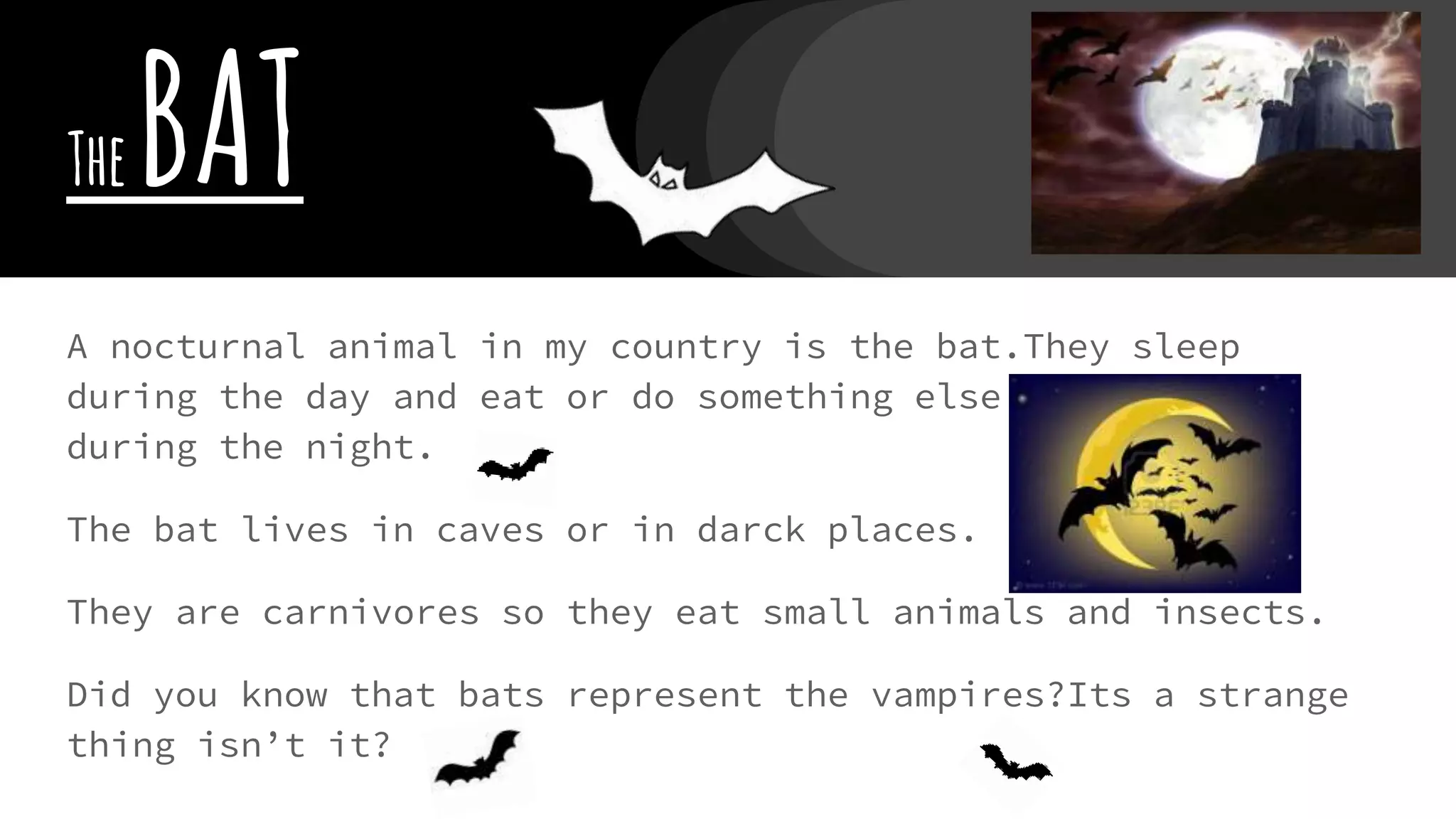 TheBAT
A nocturnal animal in my country is the bat.They sleep
during the day and eat or do something else
during the night.
The bat lives in caves or in darck places.
They are carnivores so they eat small animals and insects.
Did you know that bats represent the vampires?Its a strange
thing isn’t it?