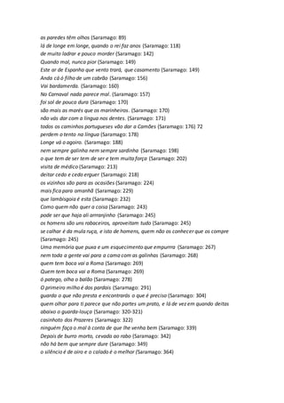 as paredes têm olhos (Saramago: 89)
lá de longe em longe, quando o rei faz anos (Saramago: 118)
de muito ladrar e pouco morder (Saramago: 142)
Quando mal, nunca pior (Saramago: 149)
Este ar de Espanha que vento trará, que casamento (Saramago: 149)
Anda cá ó filho de um cabrão (Saramago: 156)
Vai bardamerda. (Saramago: 160)
No Carnaval nada parece mal. (Saramago: 157)
foi sol de pouca dura (Saramago: 170)
são mais as marés que os marinheiros. (Saramago: 170)
não vás dar com a língua nos dentes. (Saramago: 171)
todos os caminhos portugueses vão dar a Camões (Saramago: 176) 72
perdem o tento na língua (Saramago: 178)
Longe vá o agoiro. (Saramago: 188)
nem sempre galinha nem sempre sardinha (Saramago: 198)
o que tem de ser tem de ser e tem muita força (Saramago: 202)
visita de médico (Saramago: 213)
deitar cedo e cedo erguer (Saramago: 218)
os vizinhos são para as ocasiões (Saramago: 224)
mais fica para amanhã (Saramago: 229)
que lambisgoia é esta (Saramago: 232)
Como quem não quer a coisa (Saramago: 243)
pode ser que haja ali arrranjinho (Saramago: 245)
os homens são uns rabaceiros, aproveitam tudo (Saramago: 245)
se calhar é da mula ruça, e isto de homens, quem não os conhecer que os compre
(Saramago: 245)
Uma memória que puxa e um esquecimento que empurrra (Saramago: 267)
nem toda a gente vai para a cama com as galinhas (Saramago: 268)
quem tem boca vai a Roma (Saramago: 269)
Quem tem boca vai a Roma (Saramago: 269)
ó patego, olha o balão (Saramago: 278)
O primeiro milho é dos pardais (Saramago: 291)
guarda o que não presta e encontrarás o que é preciso (Saramago: 304)
quem olhar para ti parece que não partes um prato, e lá de vez em quando deitas
abaixo o guarda-louça (Saramago: 320-321)
casinhoto dos Prazeres (Saramago: 322)
ninguém faça o mal à conta de que lhe venha bem (Saramago: 339)
Depois de burro morto, cevada ao rabo (Saramago: 342)
não há bem que sempre dure (Saramago: 349)
o silêncio é de oiro e o calado é o melhor (Saramago: 364)
 