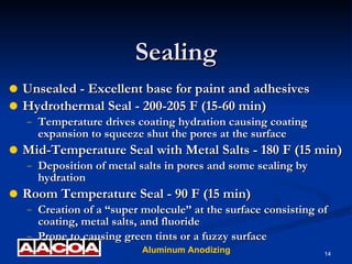 Sealing Unsealed - Excellent base for paint and adhesives Hydrothermal Seal - 200-205 F (15-60 min) Temperature drives coating hydration causing coating expansion to squeeze shut the pores at the surface Mid-Temperature Seal with Metal Salts - 180 F (15 min) Deposition of metal salts in pores and some sealing by hydration Room Temperature Seal - 90 F (15 min) Creation of a “super molecule” at the surface consisting of coating, metal salts, and fluoride Prone to causing green tints or a fuzzy surface 