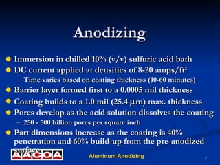 Anodizing Immersion in chilled 10% (v/v) sulfuric acid bath DC current applied at densities of 8-20 amps/ft 2 Time varies based on coating thickness (10-60 minutes) Barrier layer formed first to a 0.0005 mil thickness Coating builds to a 1.0 mil (25.4   m) max. thickness Pores develop as the acid solution dissolves the coating 250 - 500 billion pores per square inch Part dimensions increase as the coating is 40% penetration and 60% build-up from the pre-anodized surface 