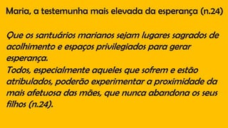 Maria, a testemunha mais elevada da esperança (n.24)
Que os santuários marianos sejam lugares sagrados de
acolhimento e espaços privilegiados para gerar
esperança.
Todos, especialmente aqueles que sofrem e estão
atribulados, poderão experimentar a proximidade da
mais afetuosa das mães, que nunca abandona os seus
filhos (n.24).
 