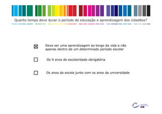 Quanto tempo deve durar o período de educação e aprendizagem dos cidadãos?




                 Deve ser uma aprendizagem ao longo da vida e não
                 apenas dentro de um determinado período escolar


                 Os 9 anos de escolaridade obrigatória



                 Os anos da escola junto com os anos da universidade
 