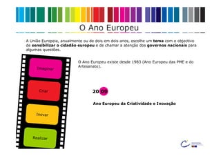 O Ano Europeu
A União Europeia, anualmente ou de dois em dois anos, escolhe um tema com o objectivo
de sensibilizar o cidadão europeu e de chamar a atenção dos governos nacionais para
algumas questões.


                         O Ano Europeu existe desde 1983 (Ano Europeu das PME e do
     Imaginar            Artesanato).




      Criar                      20 09

                                 Ano Europeu da Criatividade e Inovação

     Inovar




   Realizar
 