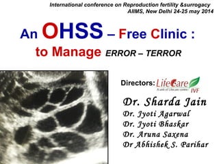 An OHSS – Free Clinic :
to Manage ERROR – TERROR
International conference on Reproduction fertility &surrogacy
AIIMS, New Delhi 24-25 may 2014
Dr. Sharda Jain
Dr. Jyoti Agarwal
Dr. Jyoti Bhaskar
Dr. Aruna Saxena
Dr Abhishek S. Parihar
Directors:
 