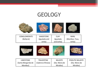 GEOLOGY CONGLOMERATE (Bellprat) SANDSTONE (Igualada and Jorba) CLAY (Igualada and Jorba) MARL (Montbui, Tous, Jorba) LIMESTONE (Santa Margarida de Montbui) TRAVERTINE (Cabrera d ’ Anoia) BAUXITE (Sta. Maria de Miralles) PISOLITIC BAUXITE (Sta. Maria de Miralles) 