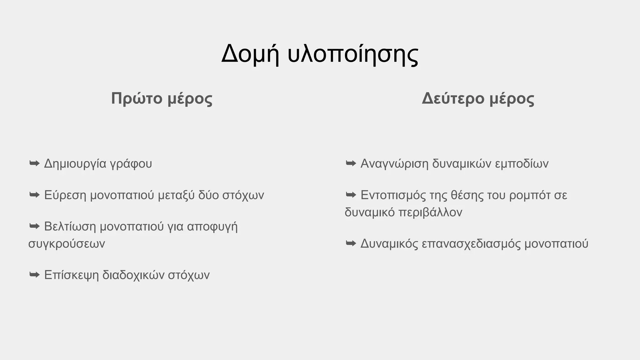 Δομή υλοποίησης
Πρώτο μέρος
➥ Δημιουργία γράφου
➥ Εύρεση μονοπατιού μεταξύ δύο στόχων
➥ Βελτίωση μονοπατιού για αποφυγή
συγκρούσεων
➥ Επίσκεψη διαδοχικών στόχων
Δεύτερο μέρος
➥ Αναγνώριση δυναμικών εμποδίων
➥ Εντοπισμός της θέσης του ρομπότ σε
δυναμικό περιβάλλον
➥ Δυναμικός επανασχεδιασμός μονοπατιού
 