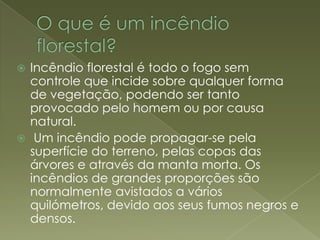 O que é um incêndio florestal?Incêndio florestal é todo o fogo sem controle que incide sobre qualquer forma de vegetação, podendo ser tanto provocado pelo homem ou por causa natural. Um incêndio pode propagar-se pela superfície do terreno, pelas copas das árvores e através da manta morta. Os incêndios de grandes proporções são normalmente avistados a vários quilómetros, devido aos seus fumos negros e densos.