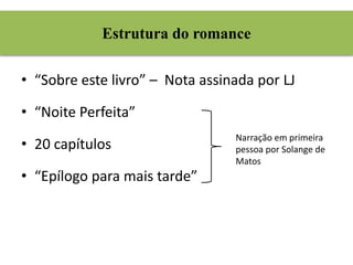 Estrutura do romance 
• “Sobre este livro” – Nota assinada por LJ 
• “Noite Perfeita” 
• 20 capítulos 
• “Epílogo para mais tarde” 
Narração em primeira 
pessoa por Solange de 
Matos 
 