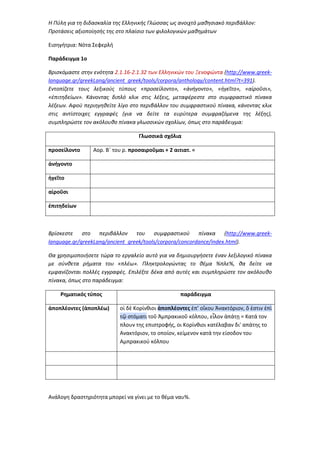 Η Πύλη για τη διδασκαλία της Ελληνικής Γλώσσας ως ανοιχτό μαθησιακό περιβάλλον:
Προτάσεις αξιοποίησής της στο πλαίσιο των φιλολογικών μαθημάτων
Εισηγήτρια: Νότα Σεφερλή
Παράδειγμα 1ο
Βρισκόμαστε στην ενότητα 2.1.16-2.1.32 των Ελληνικών του Ξενοφώντα (http://www.greek-
language.gr/greekLang/ancient_greek/tools/corpora/anthology/content.html?t=391).
Εντοπίζετε τους λεξικούς τύπους «προσείλοντο», «ἀνήγοντο», «ἡγεῖτο», «αἱροῦσι»,
«ἐπιτηδείων». Κάνοντας διπλό κλικ στις λέξεις, μεταφέρεστε στο συμφραστικό πίνακα
λέξεων. Αφού περιηγηθείτε λίγο στο περιβάλλον του συμφραστικού πίνακα, κάνοντας κλικ
στις αντίστοιχες εγγραφές (για να δείτε τα ευρύτερα συμφραζόμενα της λέξης),
συμπληρώστε τον ακόλουθο πίνακα γλωσσικών σχολίων, όπως στο παράδειγμα:
Γλωσσικά σχόλια
προσείλοντο Αορ. Β΄ του ρ. προσαιροῦμαι + 2 αιτιατ. =
ἀνήγοντο
ἡγεῖτο
αἱροῦσι
ἐπιτηδείων
Βρίσκεστε στο περιβάλλον του συμφραστικού πίνακα (http://www.greek-
language.gr/greekLang/ancient_greek/tools/corpora/concordance/index.html).
Θα χρησιμοποιήσετε τώρα το εργαλείο αυτό για να δημιουργήσετε έναν λεξιλογικό πίνακα
με σύνθετα ρήματα του «πλέω». Πληκτρολογώντας το θέμα %πλε%, θα δείτε να
εμφανίζονται πολλές εγγραφές. Επιλέξτε δέκα από αυτές και συμπληρώστε τον ακόλουθο
πίνακα, όπως στο παράδειγμα:
Ρηματικός τύπος παράδειγμα
ἀποπλέοντες (ἀποπλέω) οἱ δὲ Κορίνθιοι ἀποπλέοντες ἐπ’ οἴκου Ἀνακτόριον, ὅ ἐστιν ἐπὶ
τῷ στόματι τοῦ Ἀμπρακικοῦ κόλπου, εἷλον ἀπάτῃ = Κατά τον
πλουν της επιστροφής, οι Κορίνθιοι κατέλαβαν δι' απάτης το
Ανακτόριον, το οποίον, κείμενον κατά την είσοδον του
Αμπρακικού κόλπου
Ανάλογη δραστηριότητα μπορεί να γίνει με το θέμα ναυ%.
 