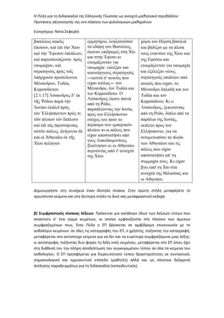Η Πύλη για τη διδασκαλία της Ελληνικής Γλώσσας ως ανοιχτό μαθησιακό περιβάλλον:
Προτάσεις αξιοποίησής της στο πλαίσιο των φιλολογικών μαθημάτων
Εισηγήτρια: Νότα Σεφερλή
βασιλέως κακῶς
ἐποίουν, καὶ ἐπὶ τὴν Χίον
καὶ τὴν Ἔφεσον ἐπέπλεον,
καὶ παρεσκευάζοντο πρὸς
ναυµαχίαν, καὶ
στρατηγοὺς πρὸς τοῖς
ὑπάρχουσι προσείλοντο
Μένανδρον, Τυδέα,
Κηφισόδοτον.
[2.1.17] Λύσανδρος δ’ ἐκ
τῆς Ῥόδου παρὰ τὴν
Ἰωνίαν ἐκπλεῖ πρὸς
τὸν Ἑλλήσποντον πρός τε
τῶν πλοίων τὸν ἔκπλουν
καὶ ἐπὶ τὰς ἀφεστηκυίας
αὐτῶν πόλεις. ἀνήγοντο δὲ
καὶ οἱ Ἀθηναῖοι ἐκ τῆς
Χίου πελάγιοι·
ορµητήριο, λεηλατούσαν
τα εδάφη του Βασιλέως,
έκαναν επιδροµές στη Χίο
και στην Έφεσο κι
ετοιµάζονταν για
ναυµαχία· εκλέξαν και
καινούργιους στρατηγούς
―κοντά σ' αυτούς που
είχαν κιόλας― τον
Μένανδρο, τον Τυδέα και
τον Κηφισόδοτο. Ο
Λύσανδρος έκανε πανιά
από τη Ρόδο,
παραπλέοντας την Ιωνία,
προς τον Ελλήσποντο·
στόχος του ήταν το
πέρασµα των εµπορικών
πλοίων κι οι πόλεις που
είχαν αποστατήσει από
τους Λακεδαιµονίους.
Ξεκίνησαν κι οι Αθηναίοι
περνώντας από τ' ανοιχτά
της Χίου
χώρα του Πέρση βασιλιά
και βάδιζαν µε τα πλοία
τους εναντίον της Χίου και
της Εφέσου και
ετοιµάζονταν για ναυµαχία
και εξέλεξαν νέους
στρατηγούς επιπλέον από
αυτούς που είχαν, το
Μένανδρο δηλαδή και τον
Τυδέα και τον
Κηφισόδοτο. Κι ο
Λύσανδρος, ξεκινώντας
από τη Ρόδο, δίπλα από τα
παράλια της Ιωνίας,
εκπλέει προς τον
Ελλήσποντο, για να
αντιµετωπίσει τα πλοία
των Αθηναίων και τις
πόλεις που είχαν
αποστατήσει απ' τη
συµµαχία τους. Κι είχαν
βγει από τη Χίο στα
ανοιχτά της θάλασσας και
οι Αθηναίοι.
Δημιουργήστε στη συνέχεια έναν δίστηλο πίνακα. Στην πρώτη στήλη μεταφέρετε το
πρωτότυπο κείμενο και στη δεύτερη στήλη τη δική σας μεταφραστική εκδοχή.
β) Συμφραστικός πίνακας λέξεων: Πρόκειται για κατάλογο όλων των λεξικών τύπων που
απαντούν σ’ ένα σώμα κειμένων, οι οποίοι εμφανίζονται στο πλαίσιο των άμεσων
συμφραζομένων τους. Στην Πύλη ο ΣΠ βρίσκεται σε αμφίδρομη επικοινωνία με το
ανθολόγιο κειμένων: σε όλες τις καταγραφές του ΣΠ, ο χρήστης, πιέζοντας την καταγραφή,
μεταφέρεται στο αντίστοιχο κείμενο για να δει και τα ευρύτερα συμφραζόμενα μιας λέξης∙
κι αντίστροφα, πιέζοντας δυο φορές τη λέξη ενός κειμένου, μεταφέρεται στο ΣΠ όπου έχει
στη διάθεσή του την πλήρη αποδελτίωση του συγκεκριμένου τύπου σε όλα τα κείμενα του
ανθολογίου. Ο ΣΠ προσφέρεται για διερευνητικού τύπου δραστηριότητες σε συντακτικό,
σημασιολογικό και ερμηνευτικό επίπεδο (μαθητές) αλλά και ως πλούσια δεξαμενή
άντλησης παραδειγμάτων για τη διδασκαλία (εκπαιδευτικός)
 