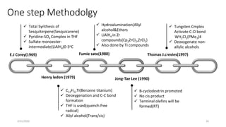 One step Methodolgy
 Total Synthesis of
Sesquiterpene(Sesquicarene)
 Pyridine-SO3 Complex in THF
 Sulfate monoester-
intermediate(LiAlH4)0-3oC
 C12H12Ti(Benzene titanium)
 Deoxygenation and C-C bond
formation
 THF is used(quench free
radical)
 Allyl alcohol(Trans/cis)
 Hydroalumination(Allyl
alcohol&Ethers
 LiAlH4 in Zr
compounds(Cp2ZrCl2,ZrCl2)
 Also done by Ti compounds
 Tungsten Cmplex
Activate C-O bond
WH2Cl2(PMe3)4
 Deoxygenate non-
allylic alcohols
 Β-cyclodextrin promoted
 No cis product
 Terminal olefins will be
formed(RT)
E.J Corey(1969)
Henry ledon (1979)
Fumie sato(1980)
Jong-Tae Lee (1990)
Thomas J.crevies(1997)
2/21/2020 26
 