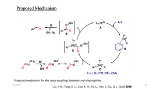Proposed Mechanism
Proposed mechanism for the cross-couplings between aryl electrophiles
2/21/2020 40
Liu, Y. H.; Tang, D. L.; Cao, K. H.; Yu, L.; Han, J.; Xu, Q. J. Catal.2018
 