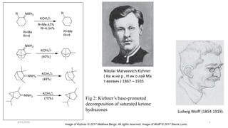 Fig 2: Kizhner’s base-promoted
decomposition of saturated ketone
hydrazones
Nikolai Matveevich Kizhner
( Ки ж не р , Н ик о лай Ма
т веевич ) 1867 – 1935
Ludwig Wolff (1854-1919).
Image of Kizhner © 2017 Matthew Bergs. All rights reserved. Image of Wolff © 2017 Sierra Lomo.
2/21/2020 5
 