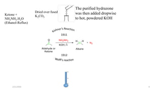 Ketone +
NH2NH2.H2O
(Ethanol-Reflux)
Dried over fused
K2CO3
The purified hydrazone
was then added dropwise
to hot, powdered KOH
160
100%
200%
150%
1911
1912
2/21/2020 8
 