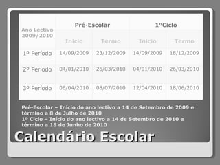 Calendário Escolar Pré-Escolar – Início do ano lectivo a 14 de Setembro de 2009 e  término a 8 de Julho de 2010 1º Ciclo – Início do ano lectivo a 14 de Setembro de 2010 e  término a 18 de Junho de 2010 Ano Lectivo 2009/2010 Pré-Escolar 1ºCiclo Início Termo Início Termo 1º Período 14/09/2009 23/12/2009 14/09/2009 18/12/2009 2º Período 04/01/2010 26/03/2010 04/01/2010 26/03/2010 3º Período 06/04/2010 08/07/2010 12/04/2010 18/06/2010 