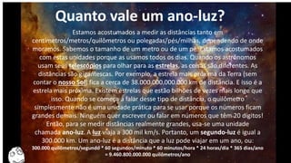 Quanto vale um ano-luz? 
Estamos acostumados a medir as distâncias tanto em 
centímetros/metros/quilômetros ou polegadas/pés/milhas, dependendo de onde 
moramos. Sabemos o tamanho de um metro ou de um pé. Estamos acostumados 
com estas unidades porque as usamos todos os dias. Quando os astrônomos 
usam seus telescópios para olhar para as estrelas, as coisas são diferentes. As 
distâncias são gigantescas. Por exemplo, a estrela mais próxima da Terra (sem 
contar o nosso Sol) fica a cerca de 38.000.000.000.000 km de distância. E isso é a 
estrela mais próxima. Existem estrelas que estão bilhões de vezes mais longe que 
isso. Quando se começa a falar desse tipo de distância, o quilômetro 
simplesmente não é uma unidade prática para se usar porque os números ficam 
grandes demais. Ninguém quer escrever ou falar em números que têm 20 dígitos! 
Então, para se medir distâncias realmente grandes, usa-se uma unidade 
chamada ano-luz. A luz viaja a 300 mil km/s. Portanto, um segundo-luz é igual a 
300.000 km. Um ano-luz é a distância que a luz pode viajar em um ano, ou: 
300.000 quilômetros/segundo * 60 segundos/minuto * 60 minutos/hora * 24 horas/dia * 365 dias/ano 
= 9.460.800.000.000 quilômetros/ano 
 