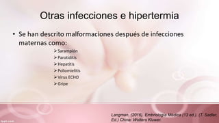 Otras infecciones e hipertermia
• Se han descrito malformaciones después de infecciones
maternas como:
Sarampión
Parotiditis
Hepatitis
Poliomielitis
Virus ECHO
Gripe
Langman. (2016). Embriología Médica (13 ed.). (T. Sadler,
Ed.) China: Wolters Kluwer.
 